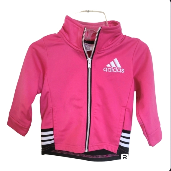Adidas Hot Pink Black Logo Striped Zip-Up Jacket Size 12 Months Girls - Picture 1 of 10